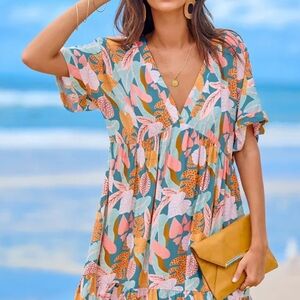 Cupshe Pink & Teal Tropical V-Neck Swim Coverup Dress